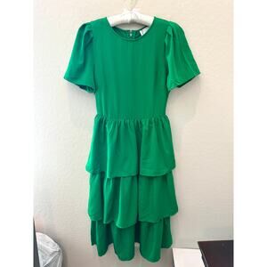SUGARLIPS Green Ruffle Tiered Dress Short Sleeve Puff Shoulder NWT | Size Small